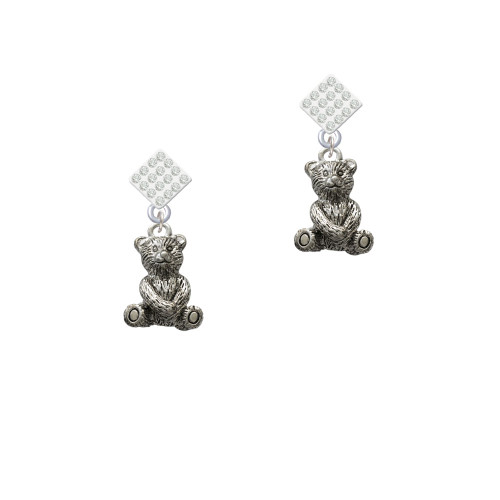 Teddy Bear White Clear Crystal Diamond-Shape Earrings