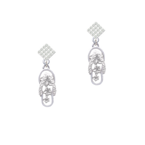 White Open Plumeria Flower Flip Flop White Clear Crystal Diamond-Shape Earrings