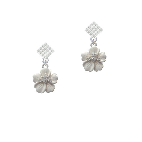 Bee on White Flower White Clear Crystal Diamond-Shape Earrings