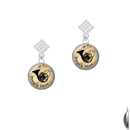 Domed Music - French Horn White Clear Crystal Diamond-Shape Earrings