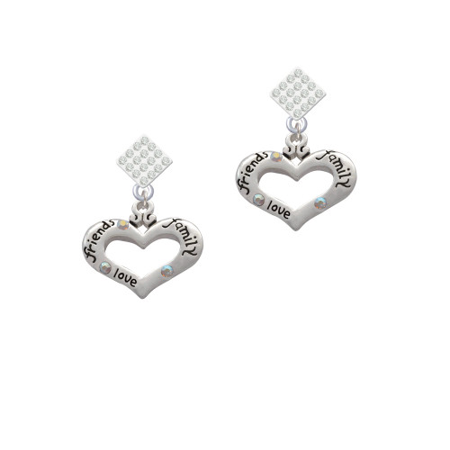 Heart with 3 AB Crystals - Friends Family Love White Clear Crystal Diamond-Shape Earrings
