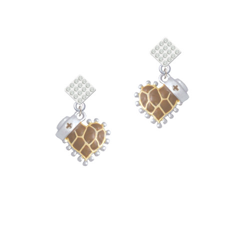 Brown Giraffe Print Heart with Nurse Hat White Clear Crystal Diamond-Shape Earrings