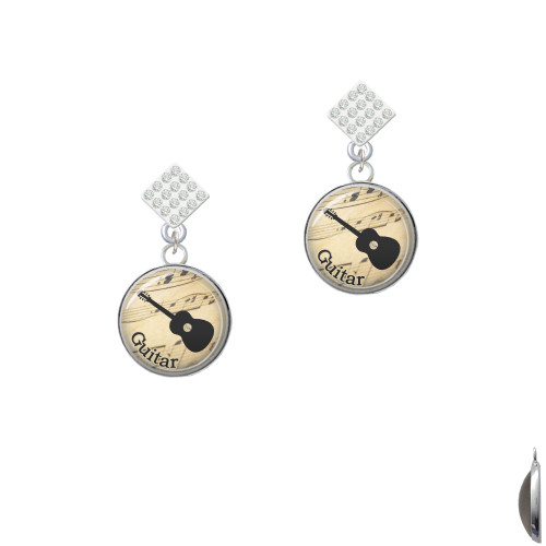 Domed Music - Guitar White Clear Crystal Diamond-Shape Earrings