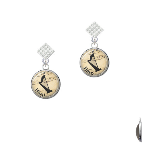 Domed Music - Harp White Clear Crystal Diamond-Shape Earrings