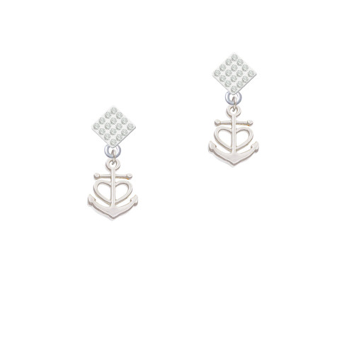 Anchor with Heart White Clear Crystal Diamond-Shape Earrings