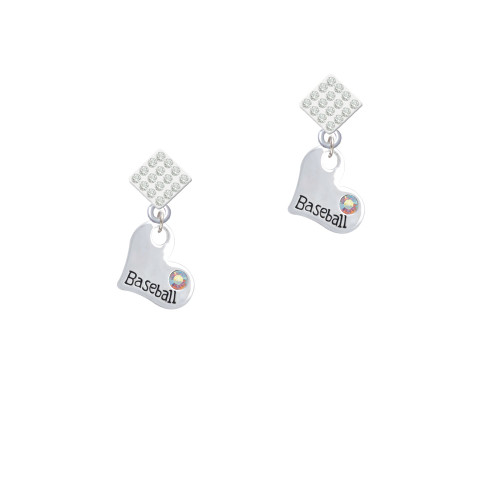 Heart with ''Baseball'' and AB Crystal White Clear Crystal Diamond-Shape Earrings