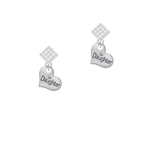 Small ''Daughter'' Heart with Clear Crystal White Clear Crystal Diamond-Shape Earrings