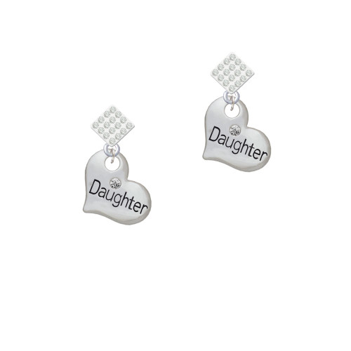 Large ''Daughter'' Heart with Clear Crystal White Clear Crystal Diamond-Shape Earrings
