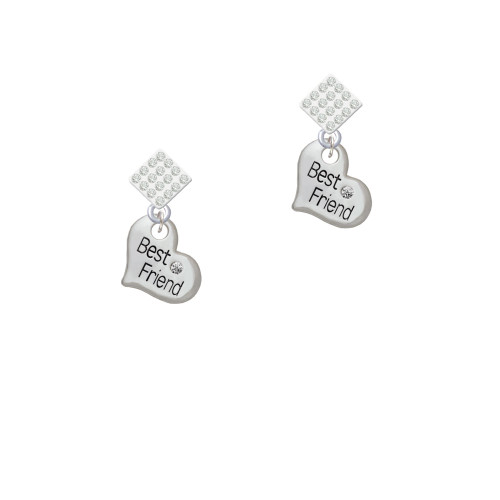 Small ''Best Friend'' Heart White Clear Crystal Diamond-Shape Earrings