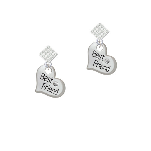 Large ''Best Friend'' Heart White Clear Crystal Diamond-Shape Earrings