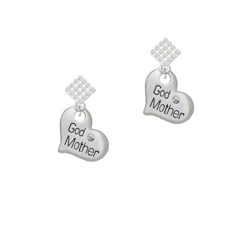 Large ''Godmother'' Heart with Clear Crystal White Clear Crystal Diamond-Shape Earrings