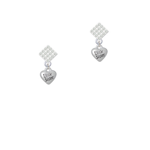 Mini 3-D ''Little Sister'' Heart White Clear Crystal Diamond-Shape Earrings