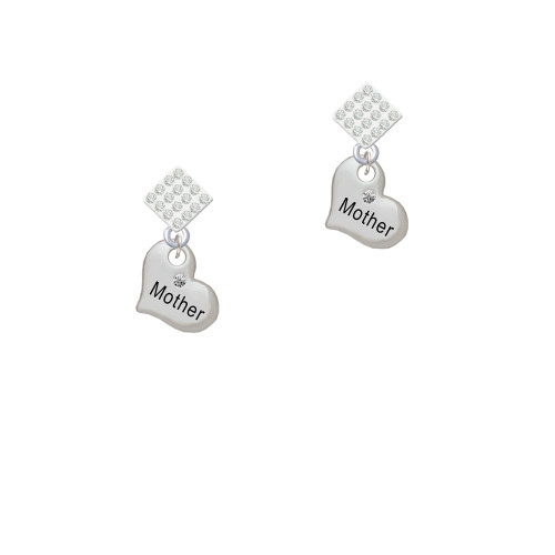 Small ''Mother'' Heart with Clear Crystal White Clear Crystal Diamond-Shape Earrings