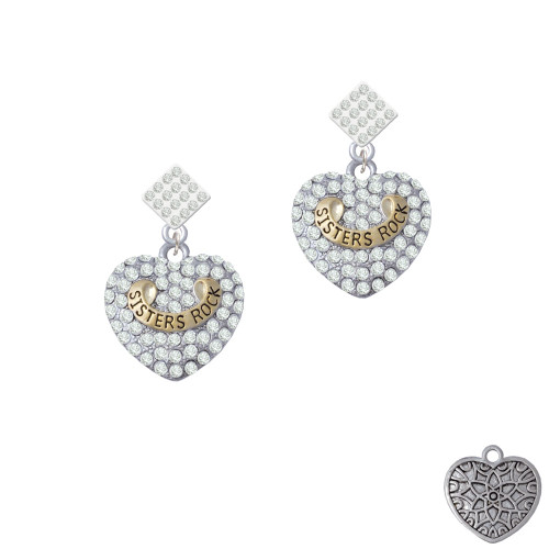 Gold Tone Sisters Rock on Clear Crystal Heart White Clear Crystal Diamond-Shape Earrings