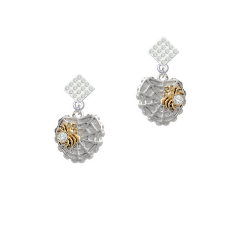 Spider Web Heart with Gold Tone Crystal Spider White Clear Crystal Diamond-Shape Earrings