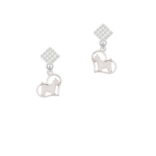 Westie Silhouette Heart White Clear Crystal Diamond-Shape Earrings