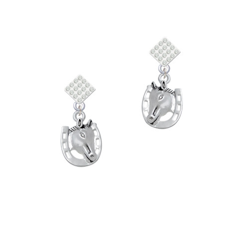 Horse Head with Horseshoe - 2 Sided White Clear Crystal Diamond-Shape Earrings