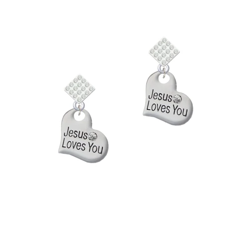 Large Jesus Loves You Heart White Clear Crystal Diamond-Shape Earrings