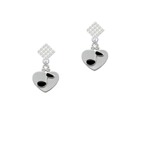 Music Note in Heart White Clear Crystal Diamond-Shape Earrings