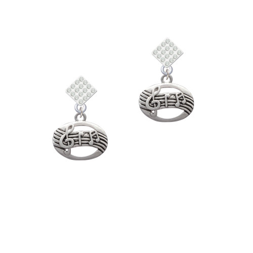 Oval with Music Notes White Clear Crystal Diamond-Shape Earrings