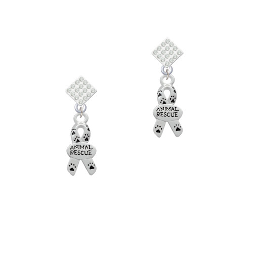 Small Paw Print Ribbon ''Animal Rescue'' White Clear Crystal Diamond-Shape Earrings