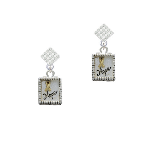 Shadow Box ''Hope'' with Gold Tone Ribbon White Clear Crystal Diamond-Shape Earrings
