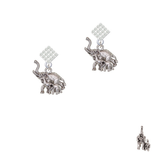 Elephant with Baby White Clear Crystal Diamond-Shape Earrings