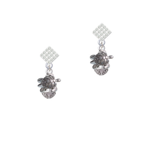 Silver Tone 2-D Sea Turtle Spinner White Clear Crystal Diamond-Shape Earrings