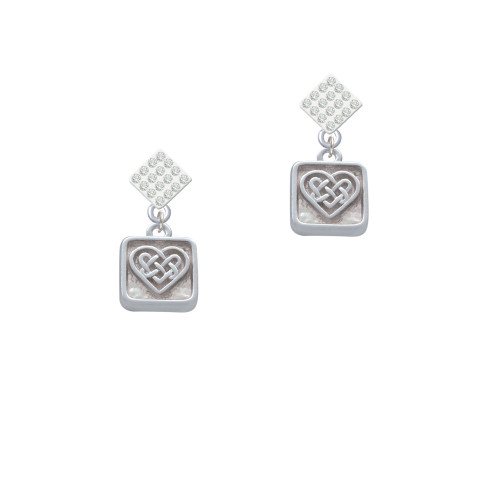 Celtic Knot Heart - Square Seal White Clear Crystal Diamond-Shape Earrings