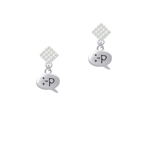 Emoticon :-P - Cheeky - White Clear Crystal Diamond-Shape Earrings