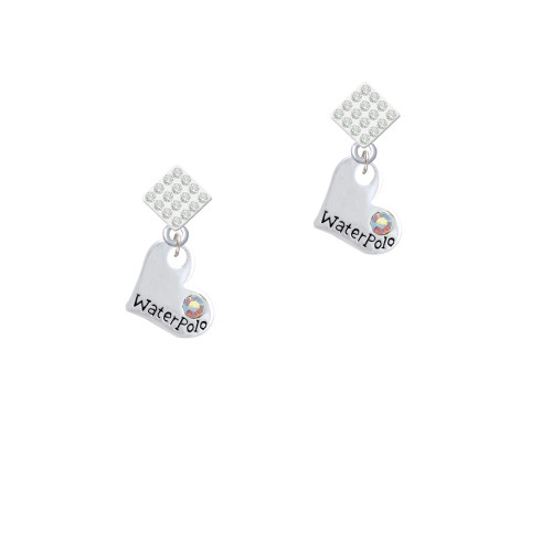 Heart with ''Water Polo'' and AB Crystal White Clear Crystal Diamond-Shape Earrings