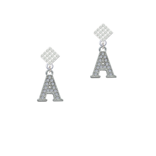 Crystal Initial - A - Beaded Border - White Clear Crystal Diamond-Shape Earrings