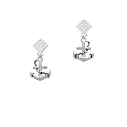 Antiqued Anchor White Clear Crystal Diamond-Shape Earrings