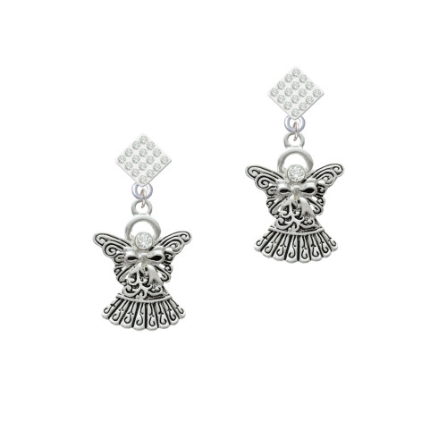 Antiqued Angel with Bow & Crystal White Clear Crystal Diamond-Shape Earrings