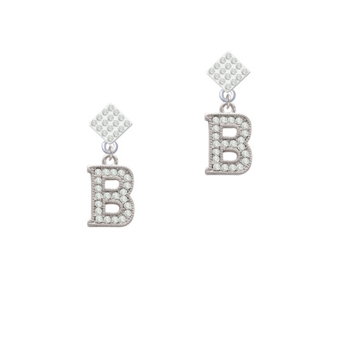 Crystal Initial - B - Beaded Border - White Clear Crystal Diamond-Shape Earrings