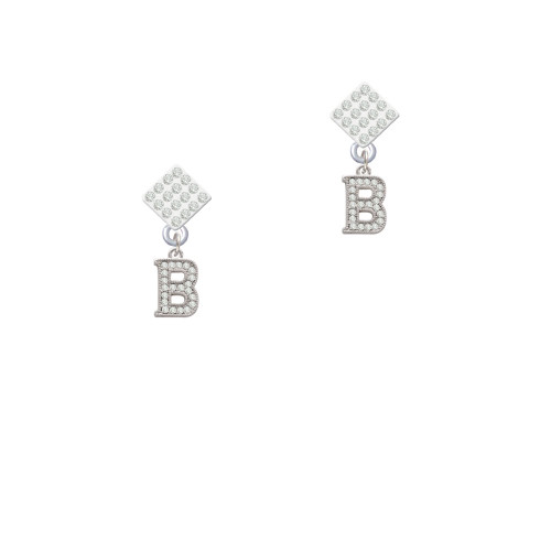 Small Crystal Initial - B - White Clear Crystal Diamond-Shape Earrings