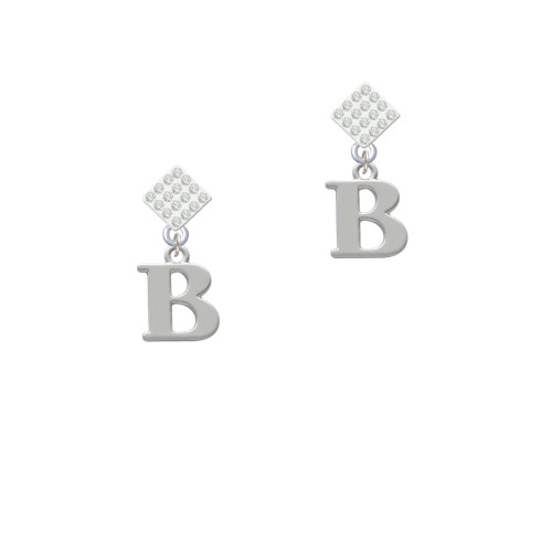 Large Initial - B - White Clear Crystal Diamond-Shape Earrings