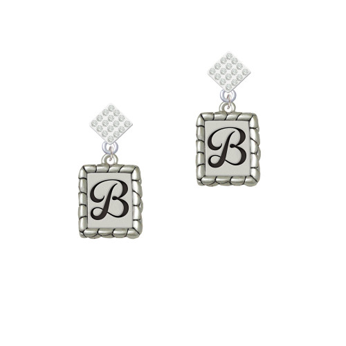 Pebble Border Initial - B White Clear Crystal Diamond-Shape Earrings
