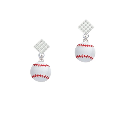 Large White Enamel Baseball White Clear Crystal Diamond-Shape Earrings
