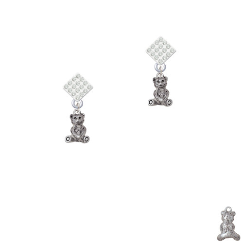 Mini Teddy Bear White Clear Crystal Diamond-Shape Earrings