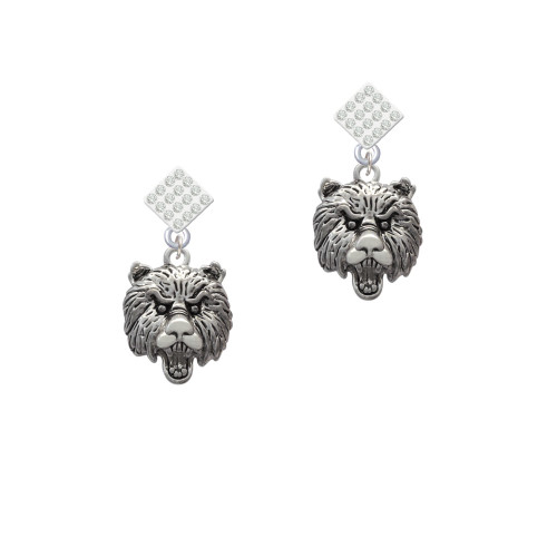 Large Bear - Mascot White Clear Crystal Diamond-Shape Earrings