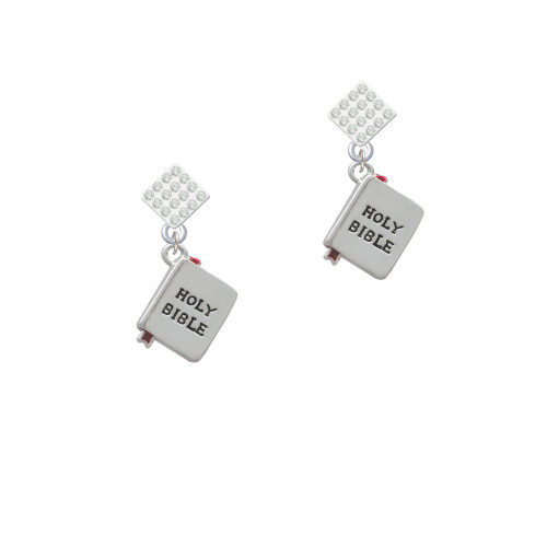 Bible with Cross White Clear Crystal Diamond-Shape Earrings