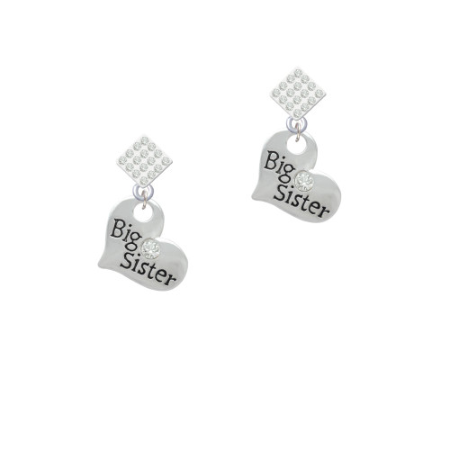 Large ''Big Sister'' Heart with Clear Crystal White Clear Crystal Diamond-Shape Earrings