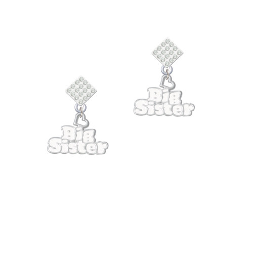 White ''Big Sister'' with Heart White Clear Crystal Diamond-Shape Earrings
