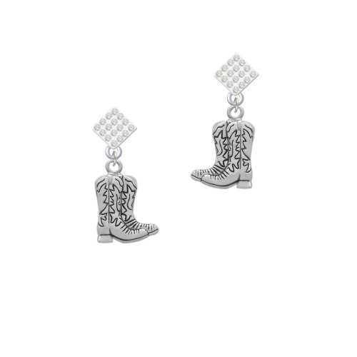 Cowboy Boots White Clear Crystal Diamond-Shape Earrings