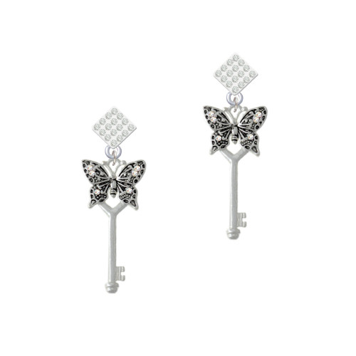 Antiqued Butterfly Key with AB Crystals White Clear Crystal Diamond-Shape Earrings