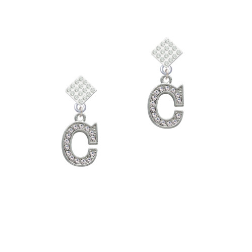 Crystal Initial - C - Beaded Border - White Clear Crystal Diamond-Shape Earrings
