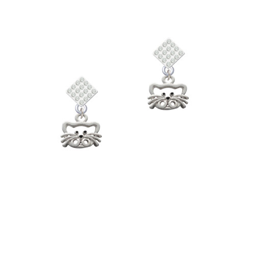 Open Cat Face White Clear Crystal Diamond-Shape Earrings