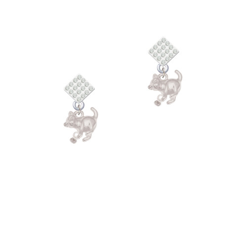 Cat with Yarn White Clear Crystal Diamond-Shape Earrings