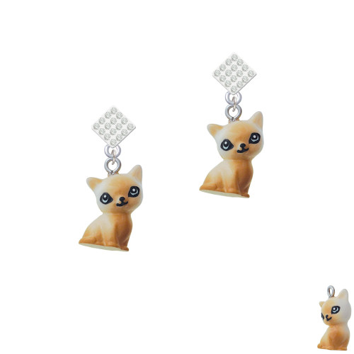 Resin Siamese Cat White Clear Crystal Diamond-Shape Earrings